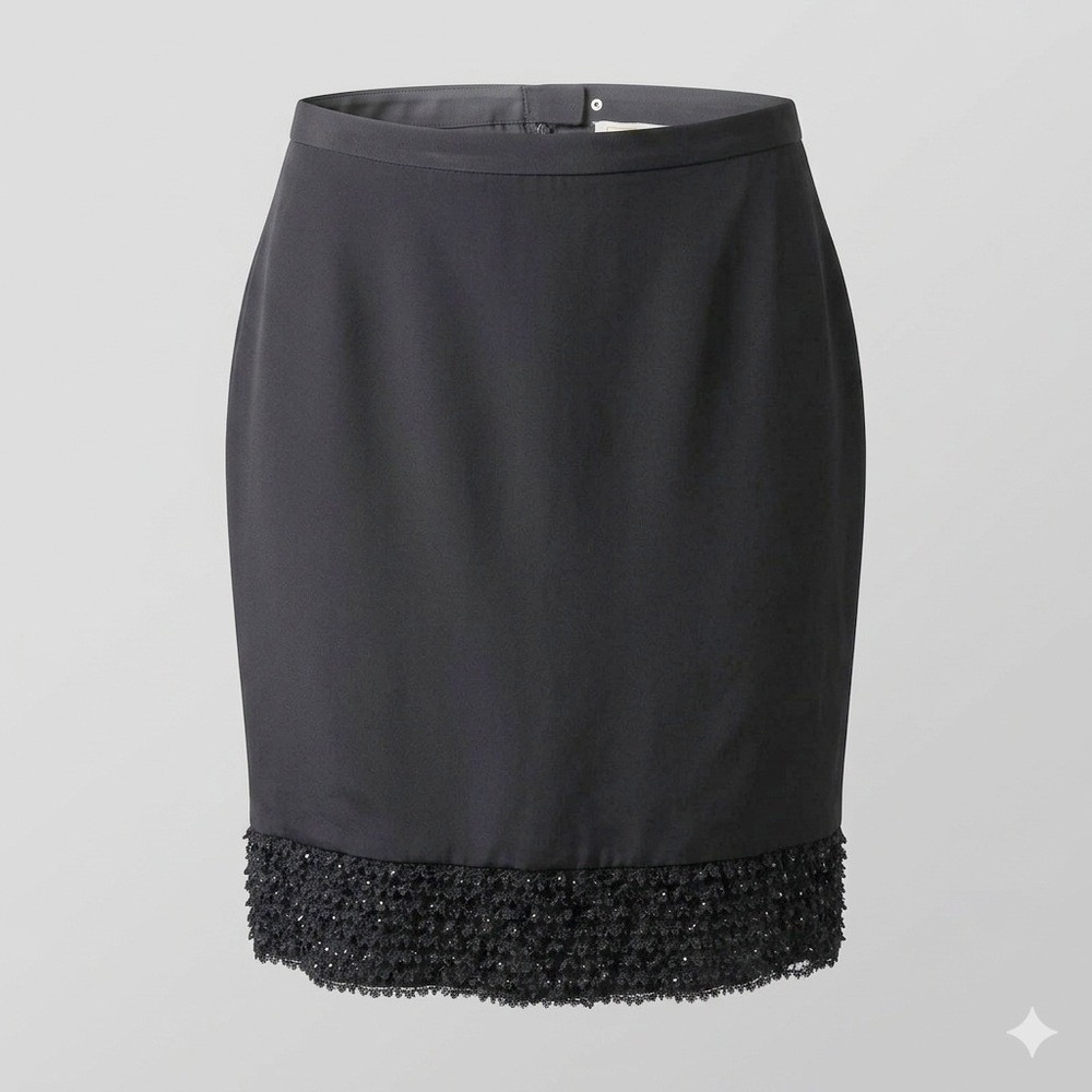 VIE Victor Costa Black 100% Silk Beaded Lace Ruffle Pencil Skirt 12 Romantic